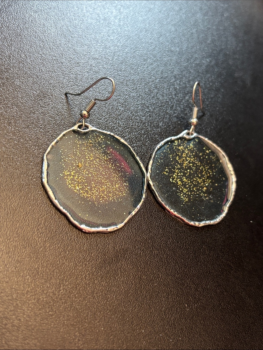Handcrafted Black Resin Drop Earrings with Gold Glitter